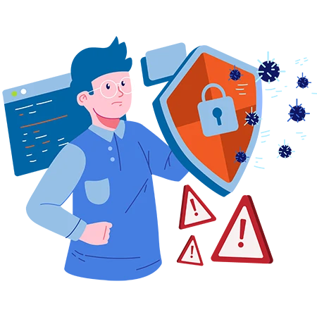 Konverge developer holding a shield to block bugs on a computer screen with secure code